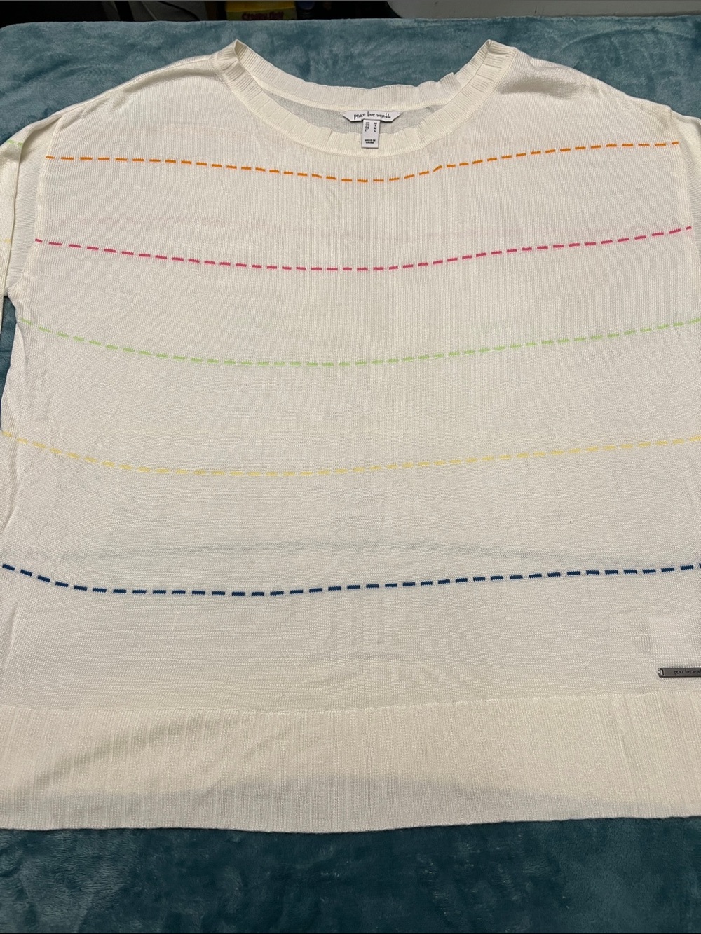 Peace Love World White Knit Top with Blue Stitch Detail size M (oversized)